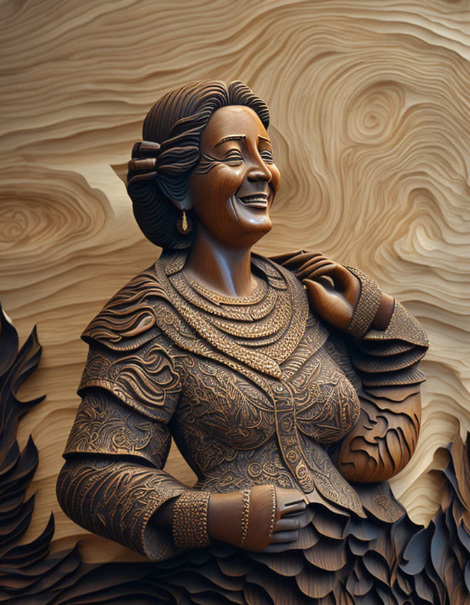 Detailed Wooden Carving of Smiling Woman in Traditional Attire