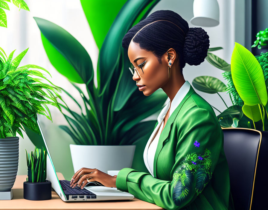 Professional Woman in Green Blazer Working at Desk with Indoor Plants