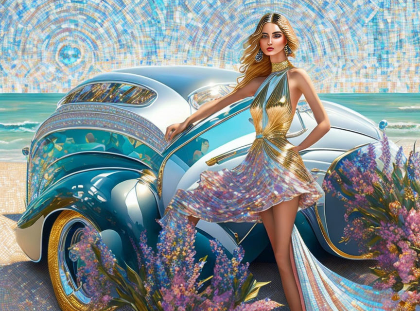 Elegant woman in golden dress by classic blue car on beach backdrop