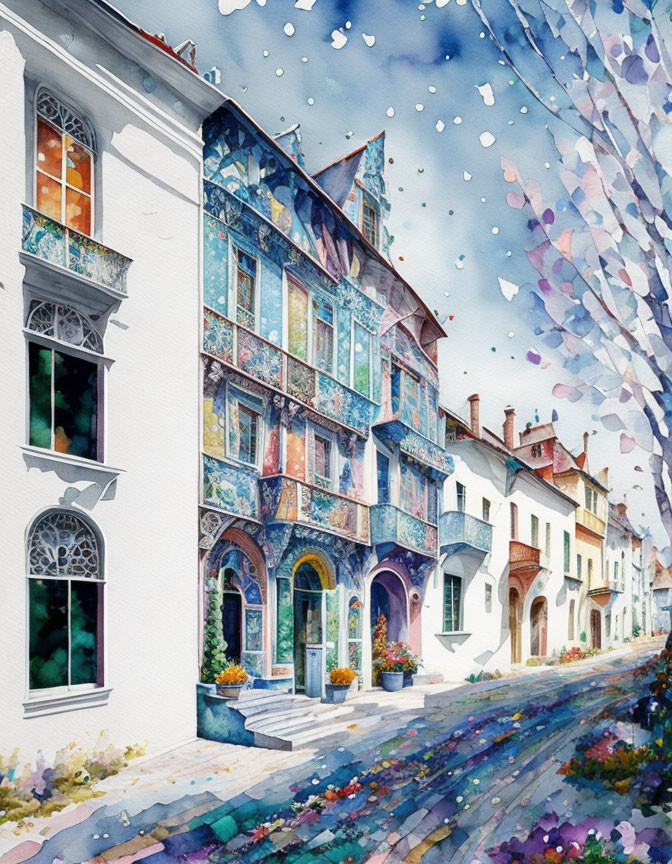 Colorful Watercolor Painting of Quaint Street with Ornate Buildings