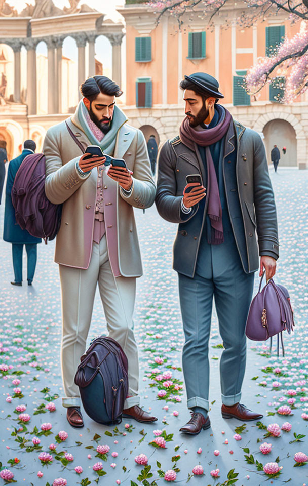 Two Men in Stylish Attire Surrounded by Pink Blossoms on Cobblestone Plaza