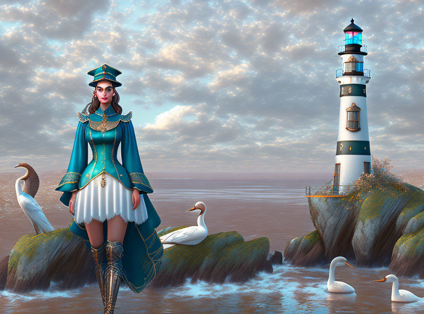 Stylized digital artwork of woman in uniform by the sea with lighthouse and pelicans