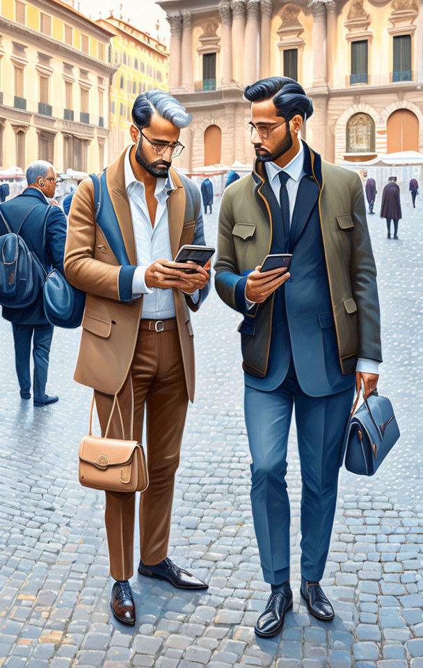 Two men in stylish attire on smartphones in city street with classical architecture