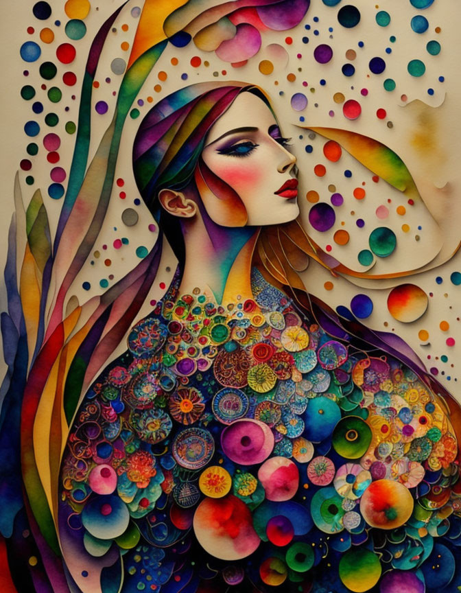 Vibrant watercolor painting of a woman with abstract patterns and peacock-inspired motifs.