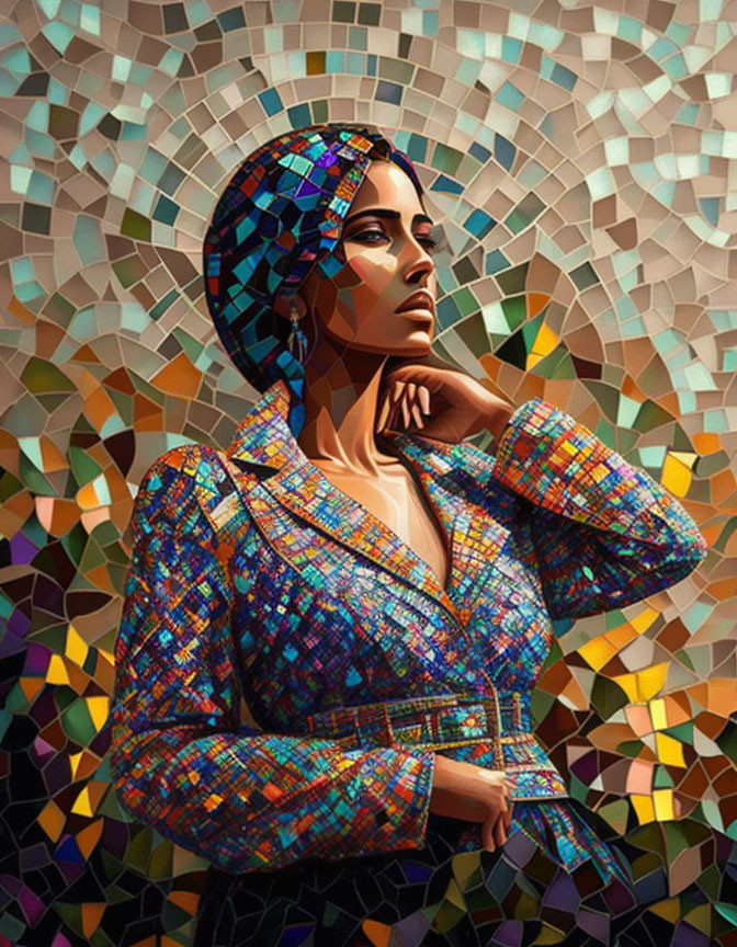 Colorful Mosaic Artwork of Woman in Headscarf and Suit