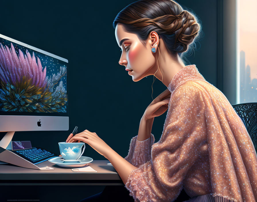 Fashionable Woman with Bun Hairstyle Working on iMac at Night