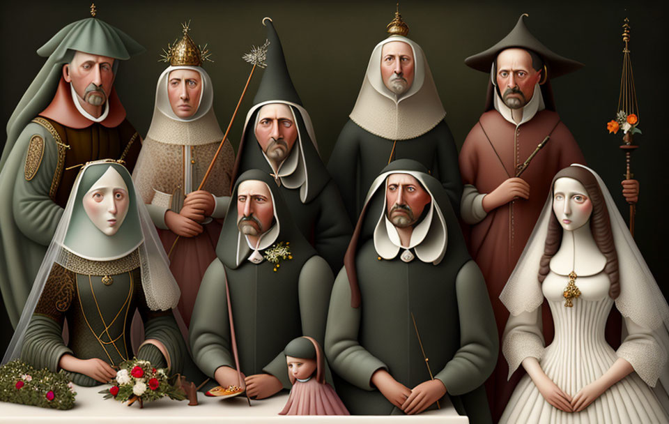 Stylized Renaissance portrait with eleven figures in symbolic attire