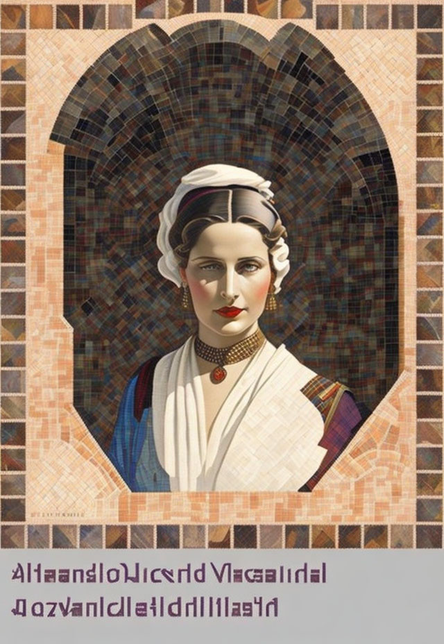 Illustration of woman in headscarf with earrings and necklace in mosaic style.