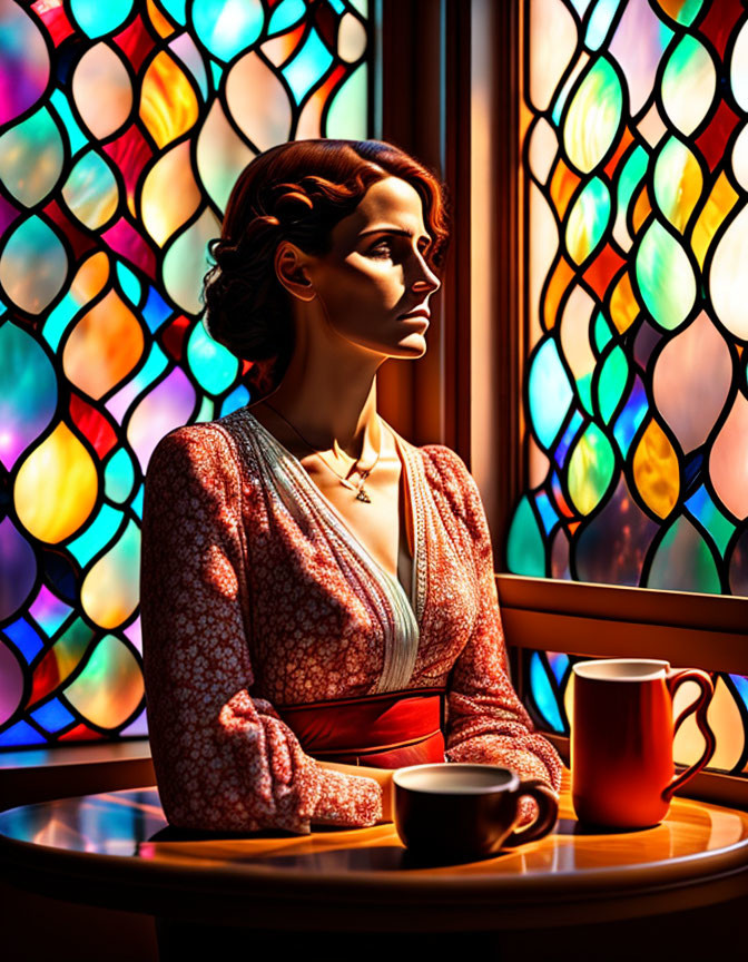 Woman in red dress by stained glass window with coffee cup