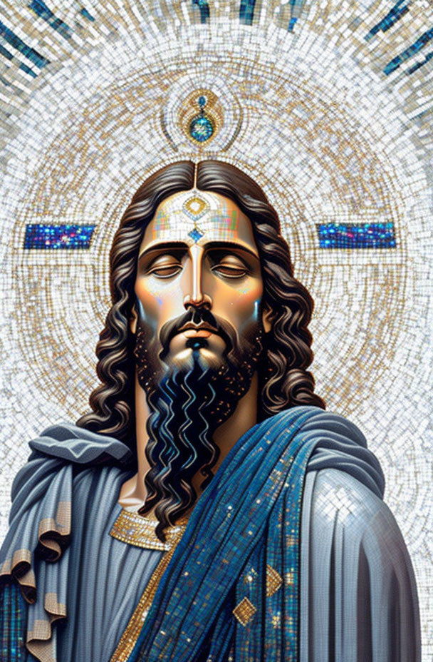 Stylized portrait of figure in blue robes with golden accents on mosaic background