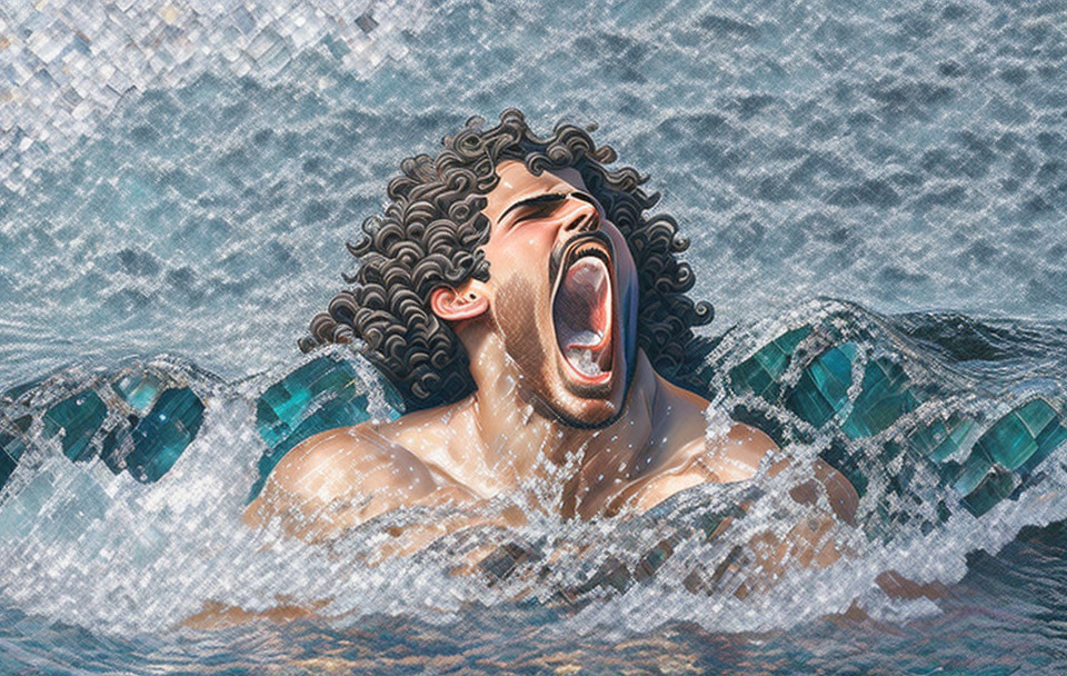 Curly-Haired Man Submerged in Water Gasping for Air