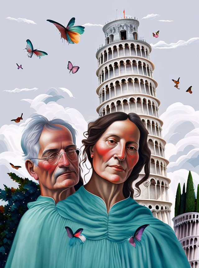 Male and female portrait merge with Leaning Tower of Pisa in surreal artwork