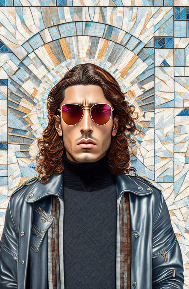 Illustration of man in sunglasses, turtleneck, leather jacket against mosaic backdrop