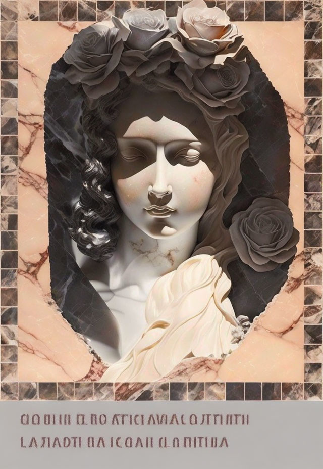 Classical statue with woman's face and roses on marbled background with Cyrillic script.