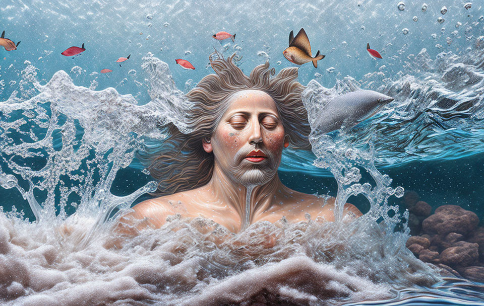 Person's Head Emerges from Sea Waters Surrounded by Fish