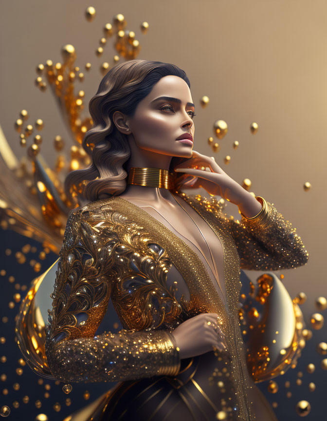 Regal woman in golden outfit with fractal wings