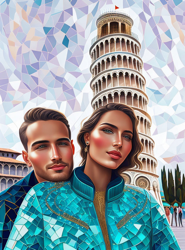 Fashionable man and woman with Leaning Tower of Pisa in stylized illustration