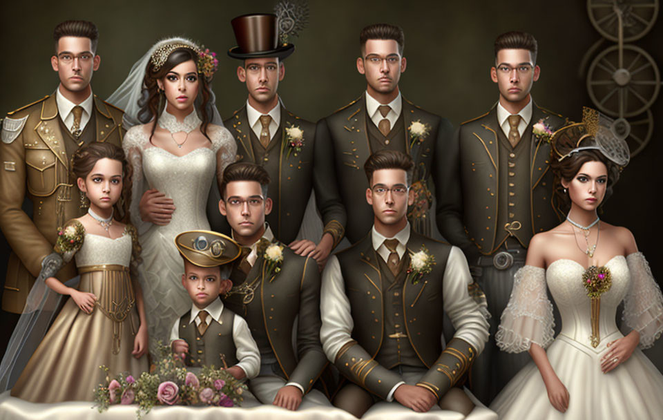 Vintage Military Wedding Portrait with Bride, Groom in Uniform, and Elegant Guests