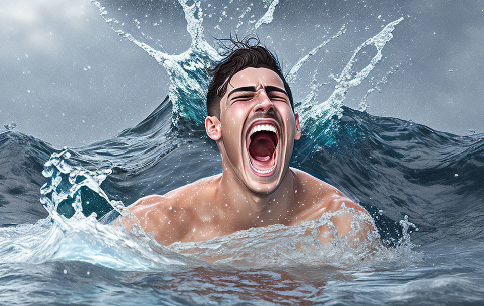 Person with open-mouthed expression submerged in water with splashing droplets.