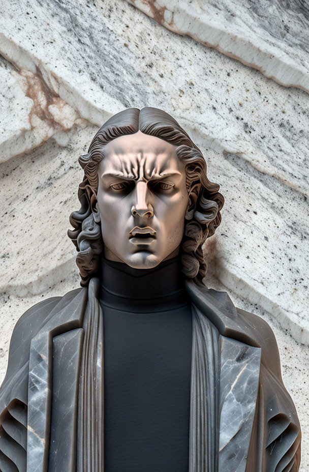 Intense-eyed man bust with wavy hair on marbled background