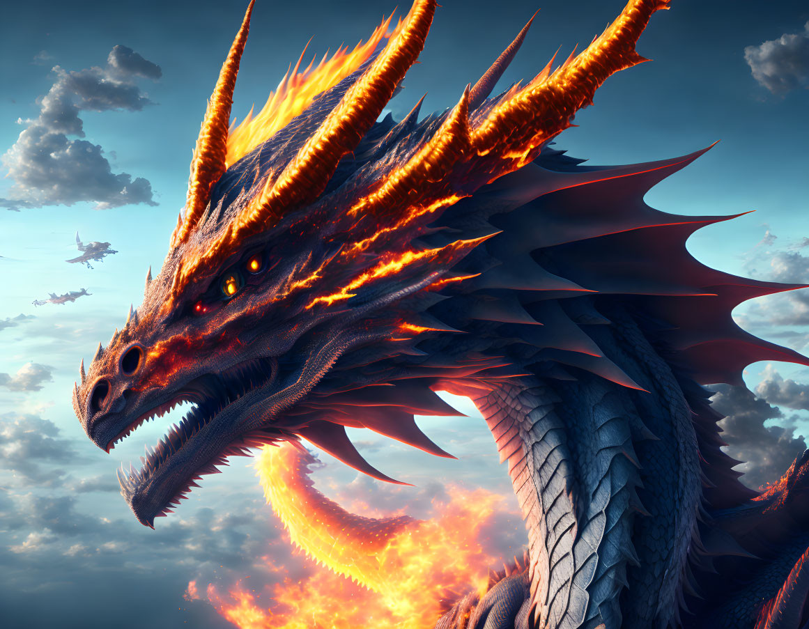 Fiery orange and red dragon with glowing eyes and horns against dramatic sky.