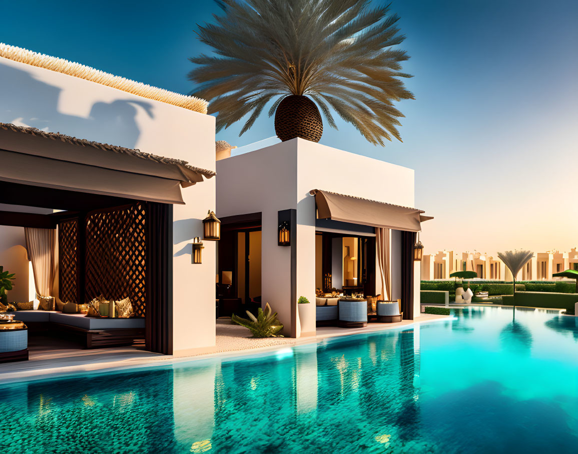 Elegant Villa with Private Pool, Patio, and Palm Trees at Sunset