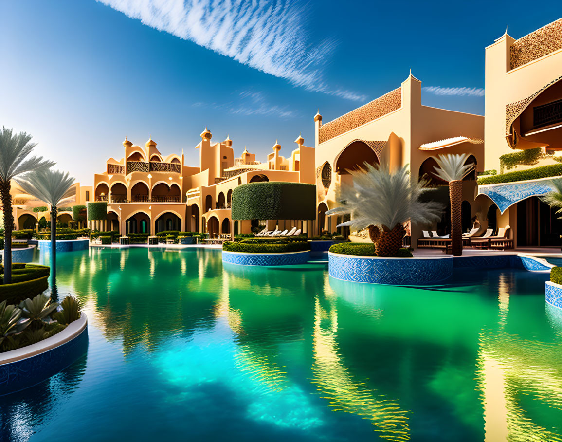 Traditional Arched Architecture and Reflective Swimming Pools in Luxurious Resort