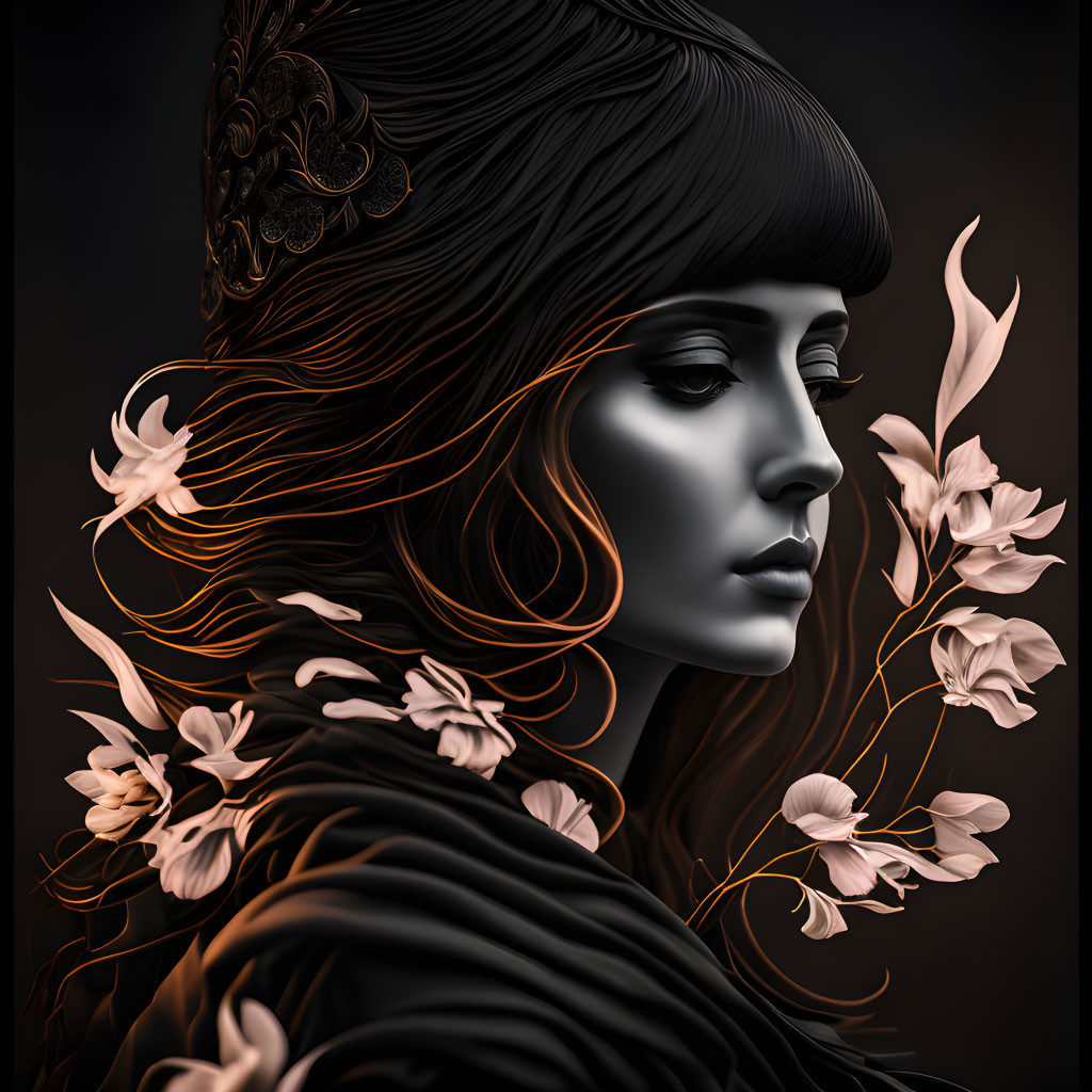 Digital artwork: Woman with dark headdress, orange hair, pale skin, delicate flowers on dark background