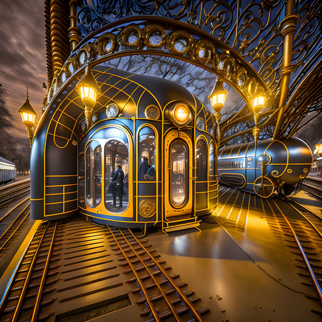 Steampunk-themed train station with futuristic train and elegant passengers