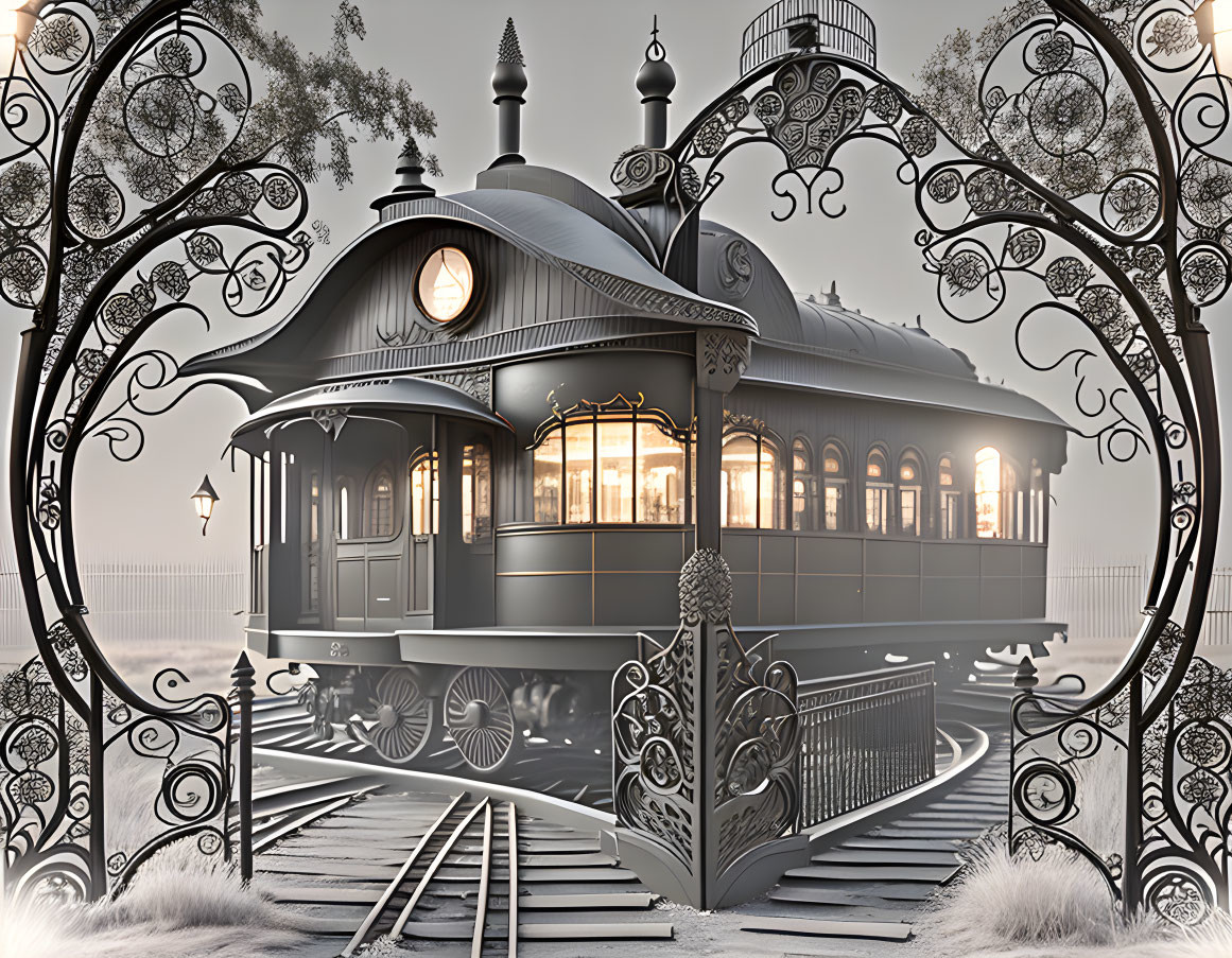 Vintage-style railway station with ornate iron gates and classic pavilion in misty, monochromatic