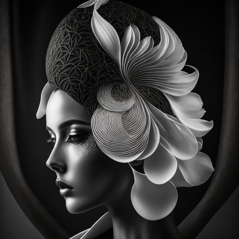 Monochrome digital art portrait of a woman with floral headdress and facial glitter