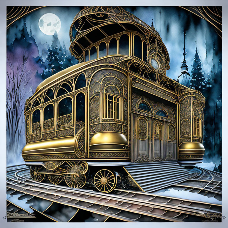 Golden tram-like vehicle on wintry night tracks with full moon and ornate patterns