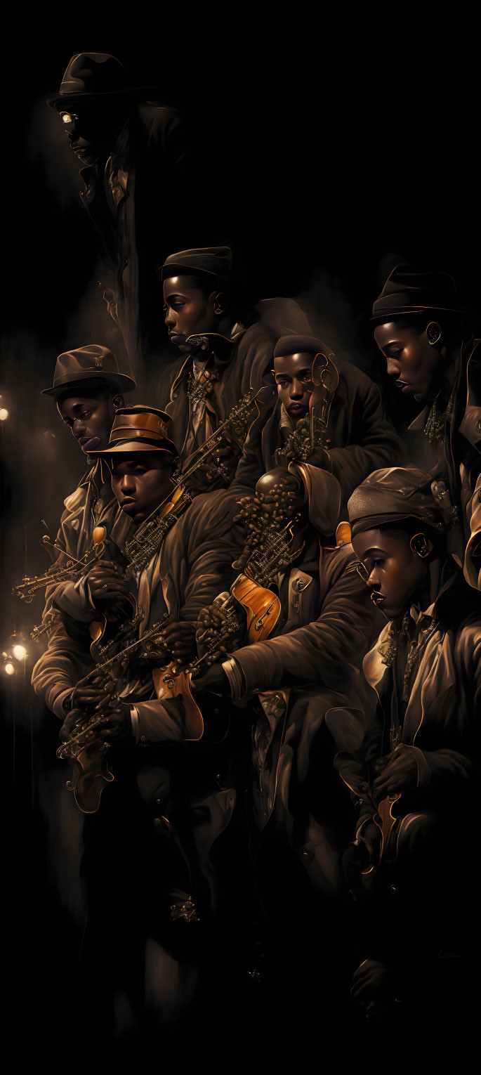 Illustration of jazz band playing brass instruments in moody ambiance