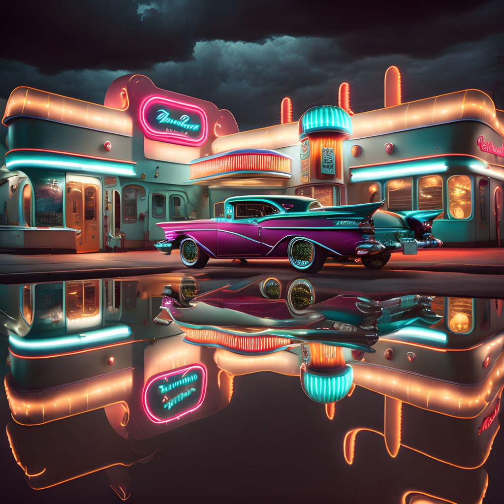 Colorful retro diner with neon lights and classic car in the rain