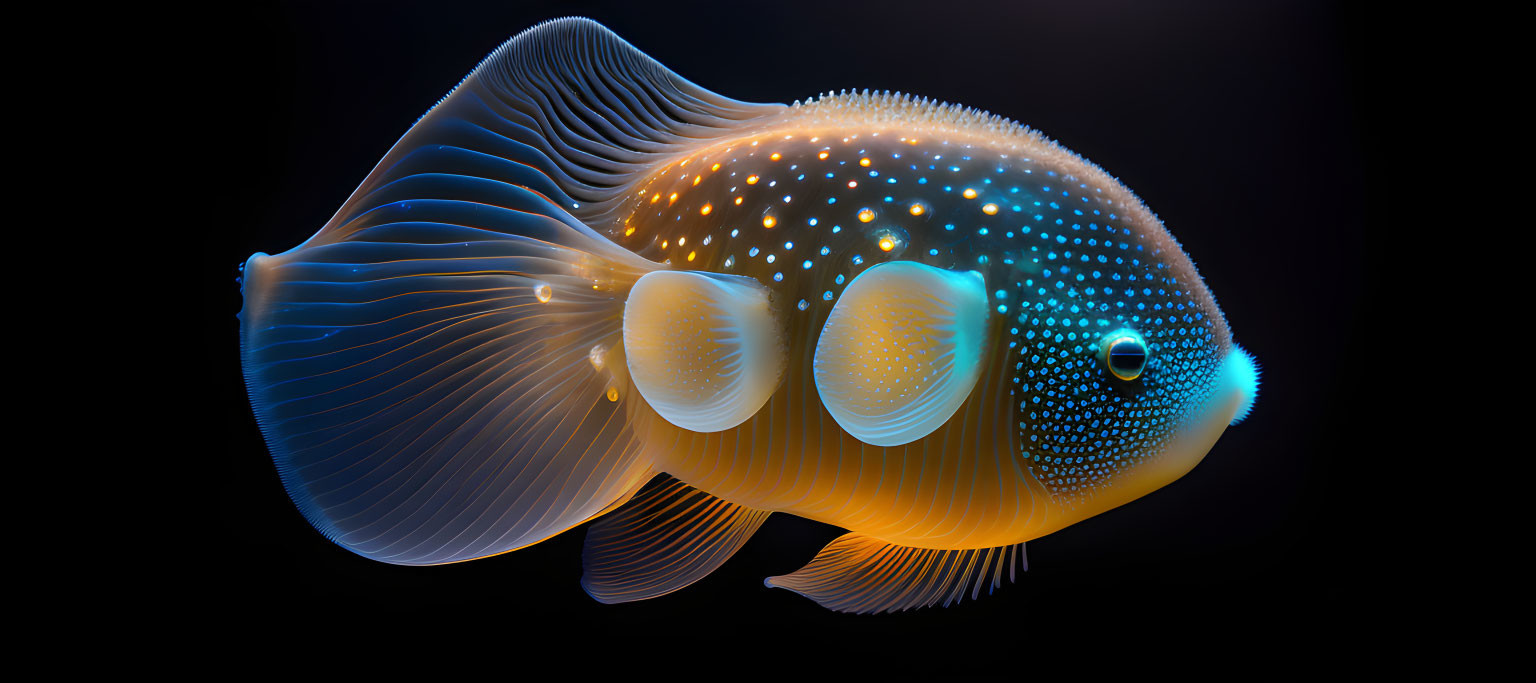 Colorful digital artwork of a glowing blue and orange fish on dark backdrop