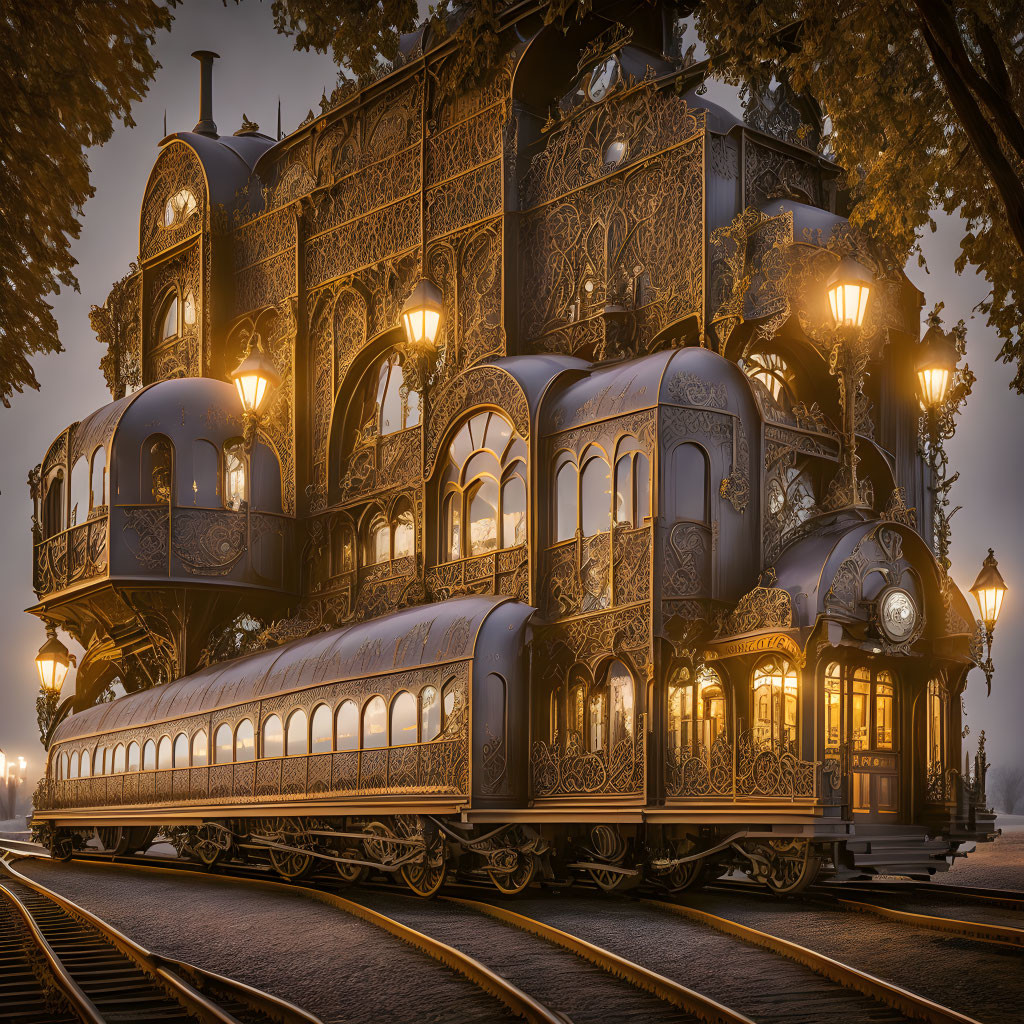 Ornate steam train with glowing lamps on misty tracks