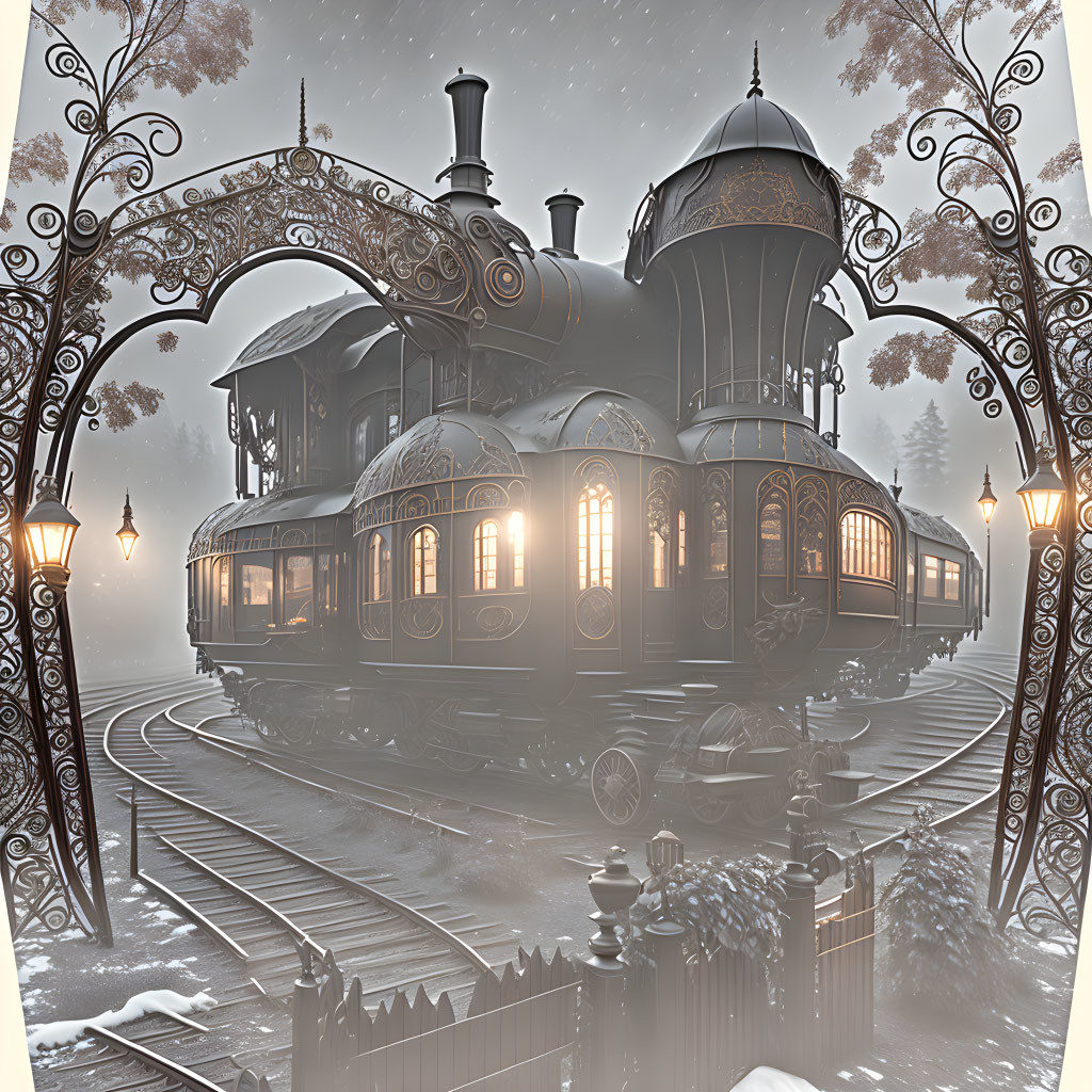 Vintage Steam Train in Snowy Dusk Setting with Glowing Lamps and Metal Arches