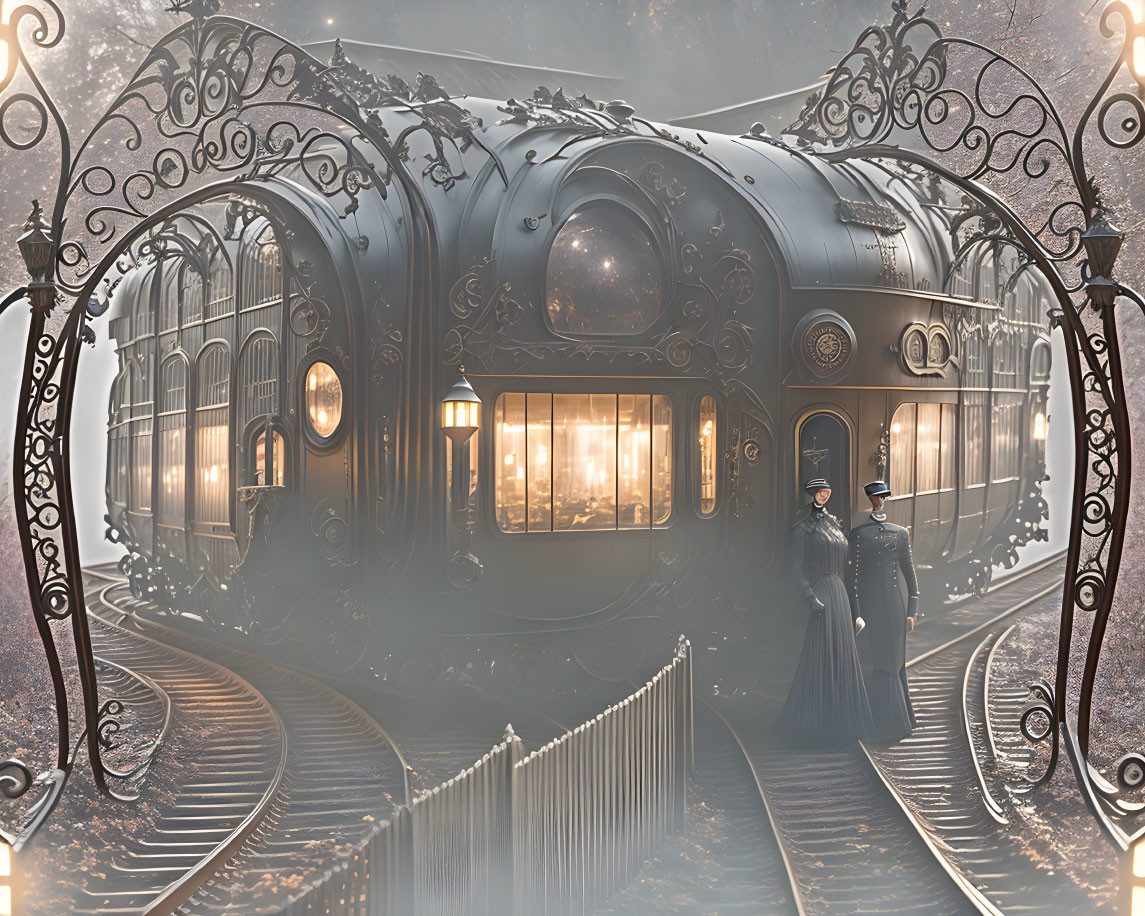 Vintage Train Carriage with Glowing Windows on Tracks, Iron Gates, and Figures in Period Attire