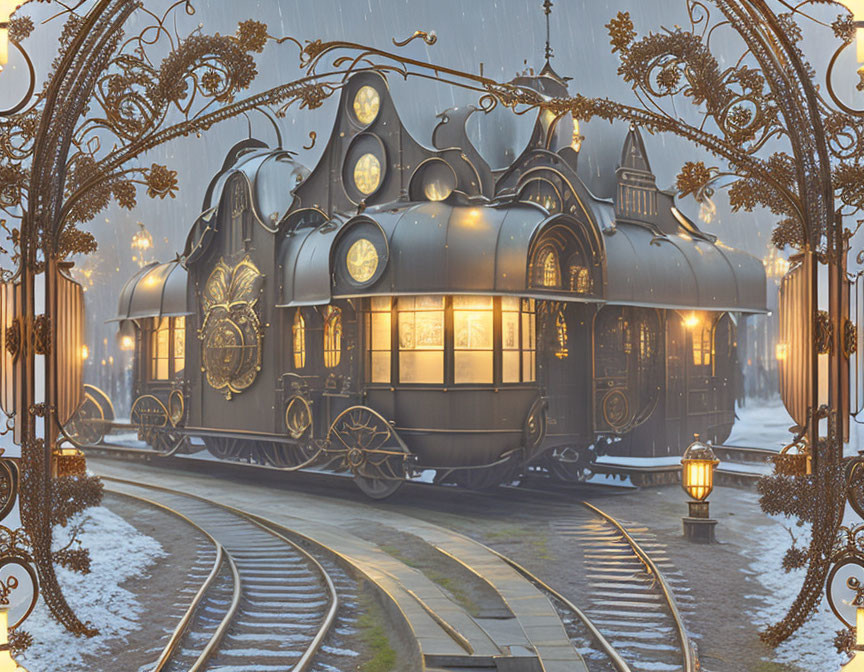 Vintage train at snow-covered station viewed through ornate iron gate