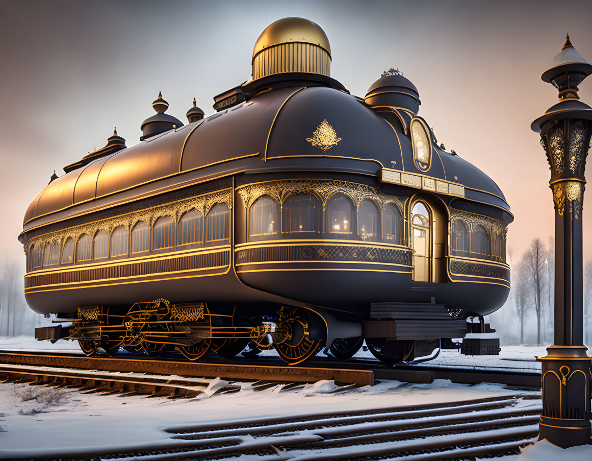 Vintage train with elegant design details at misty platform