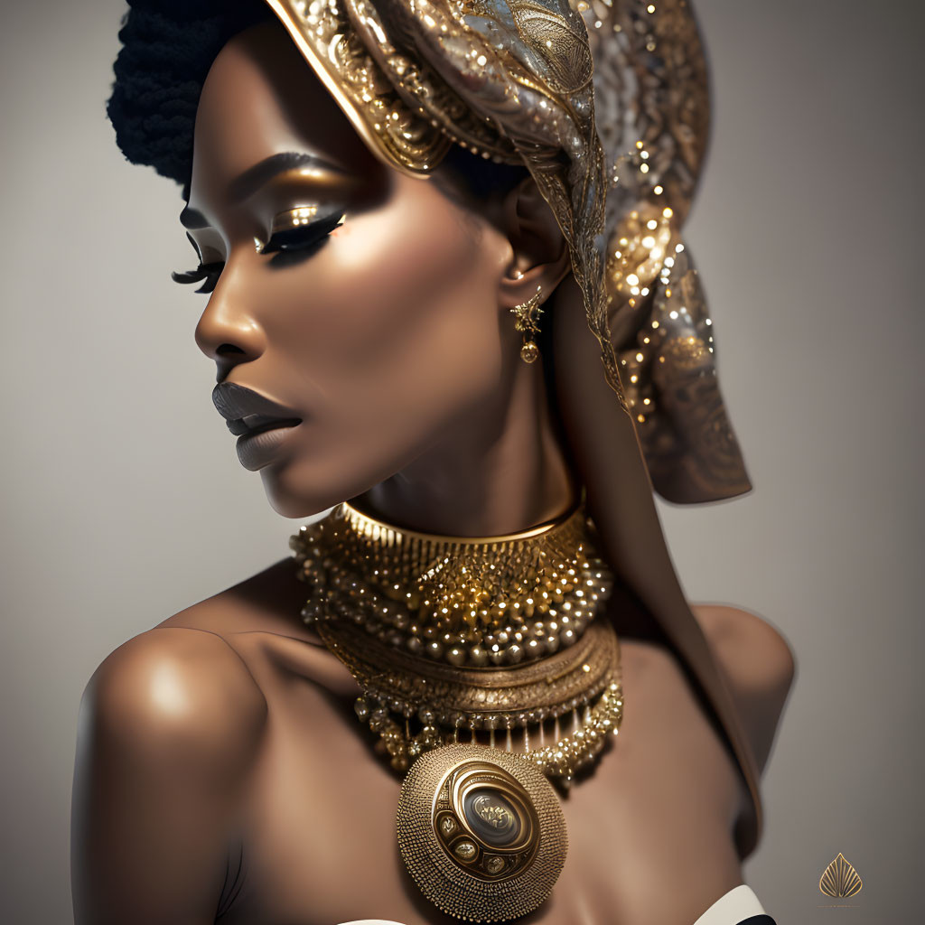 Portrait of woman with golden headwrap, jewelry, makeup, and neckpiece.