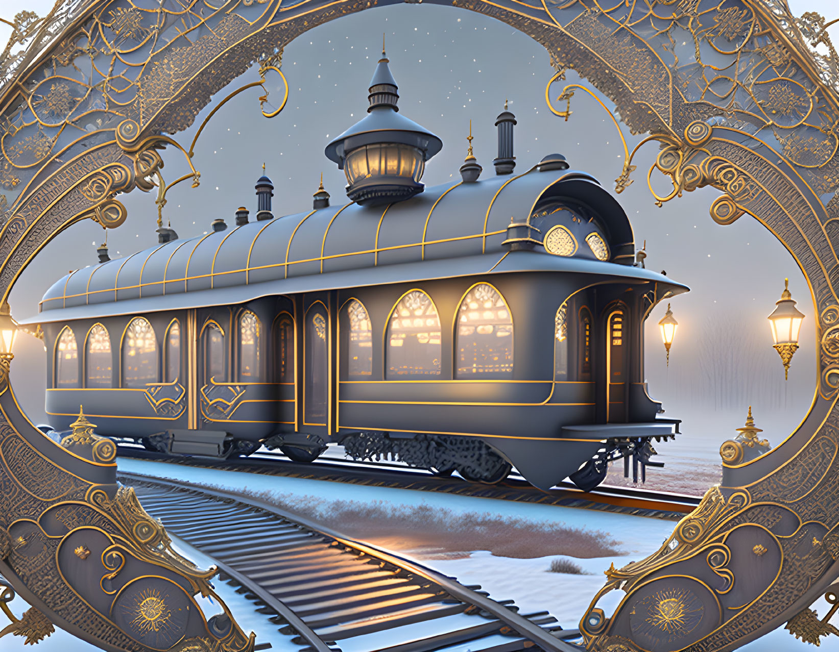 Ornate gold-detailed train on snowy track with golden arch in mystical winter scene