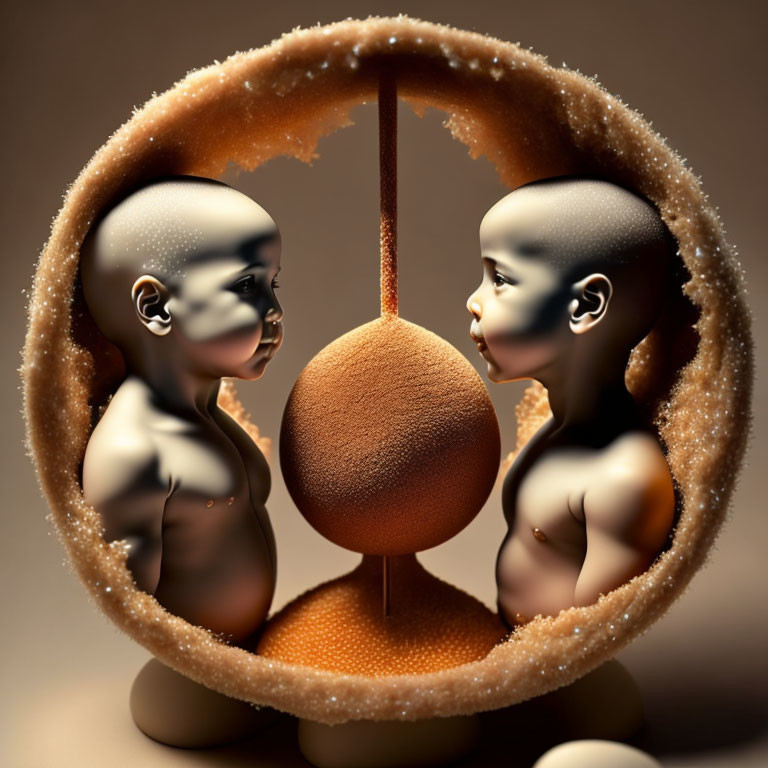 Stylized human figures in circular frame with sandy texture