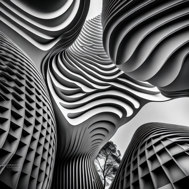 Curving lines and repetitive patterns in abstract architectural structures against tree backdrop