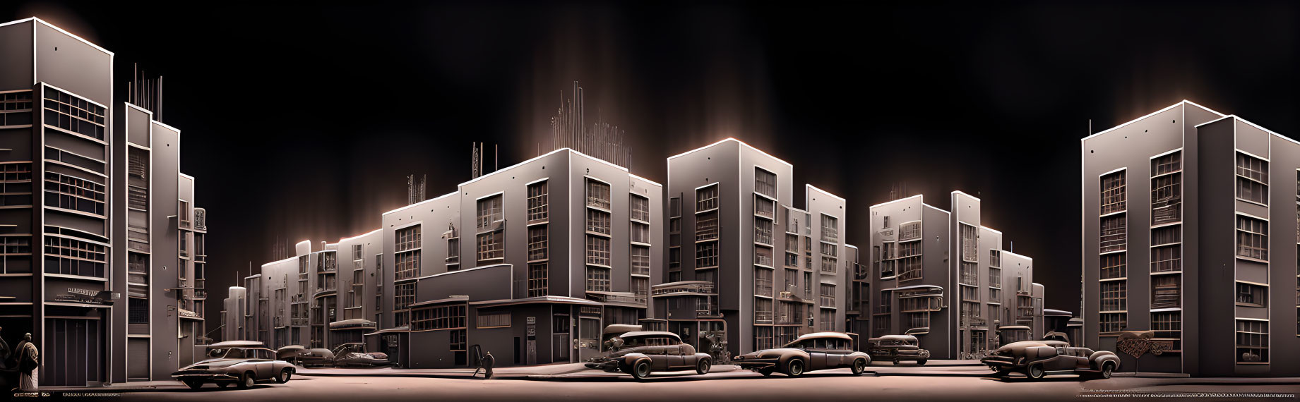 Monochromatic retro urban street with art deco buildings and vintage cars