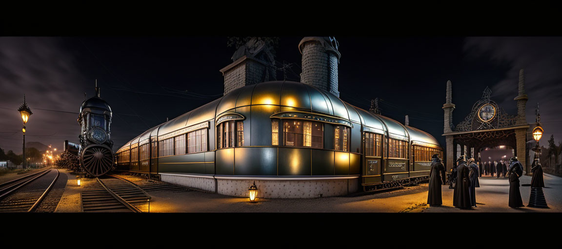 Vintage train stops at elegant station with well-dressed people under warm lights