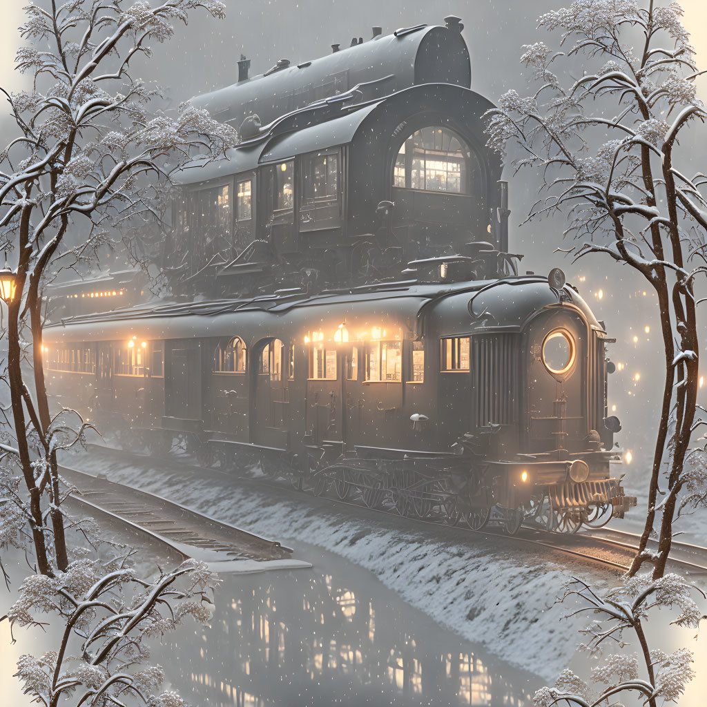 Vintage Train Travels Through Snowy Twilight Landscape