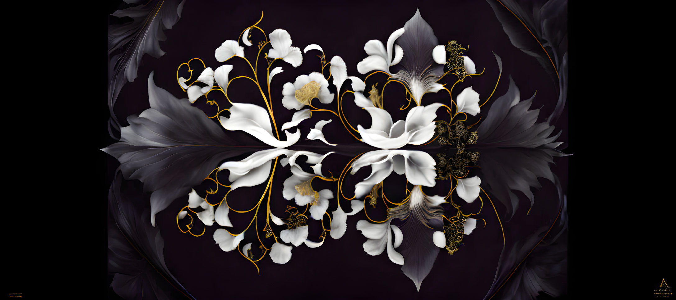 Symmetrical white flowers with gold accents on dark purple background