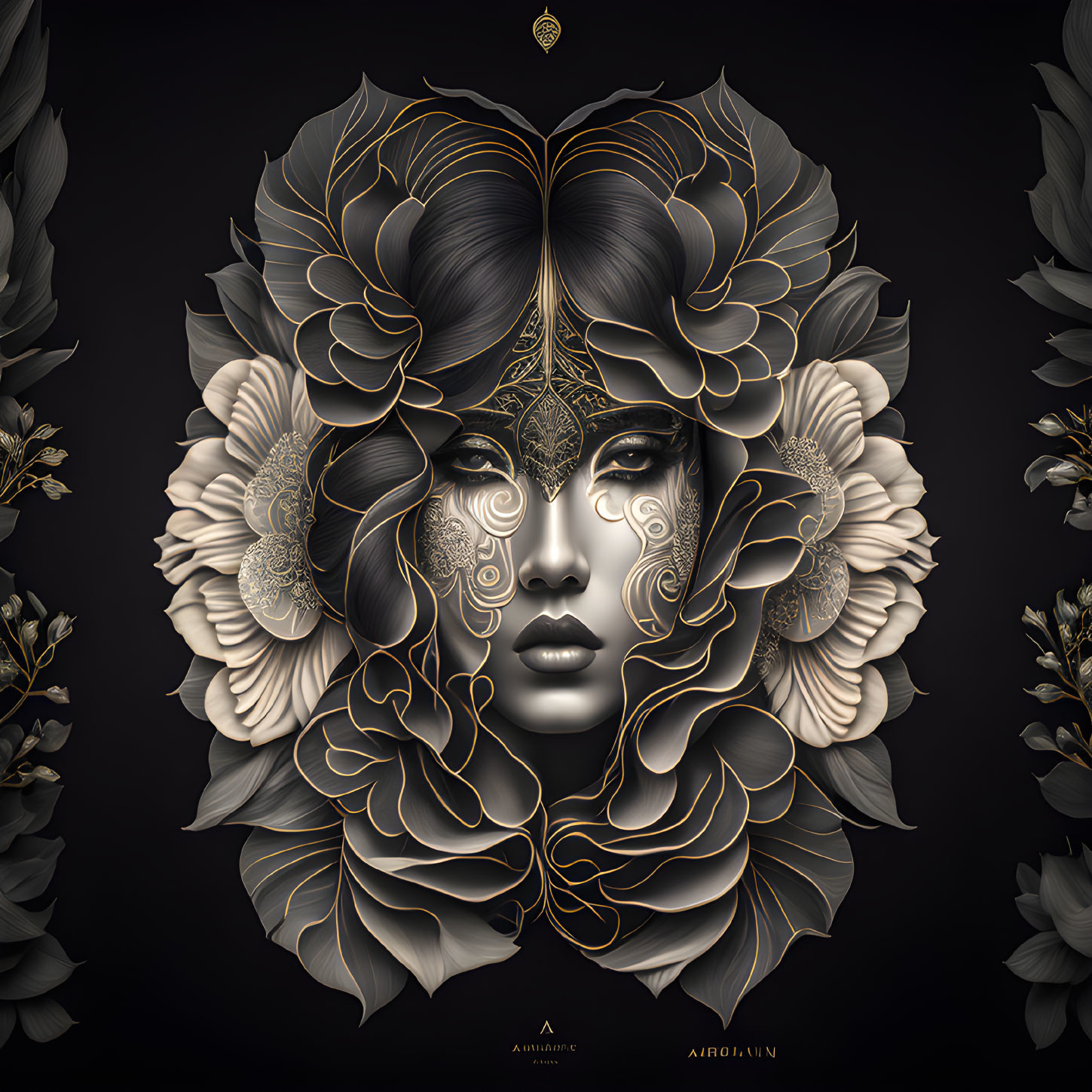 Detailed woman's face with golden floral patterns on dark background