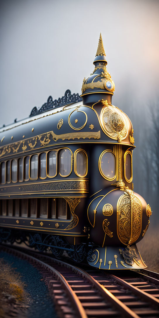 Vintage Black and Gold Ornate Train on Tracks